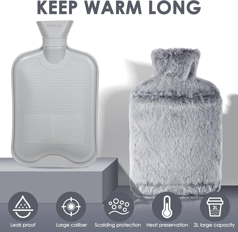 Hot Water Bottle with Luxury Cosy Faux Fur Cover,2L Leakproof Large Hot Water Bag for Neck,Shoulder,Hand Feet Warmer