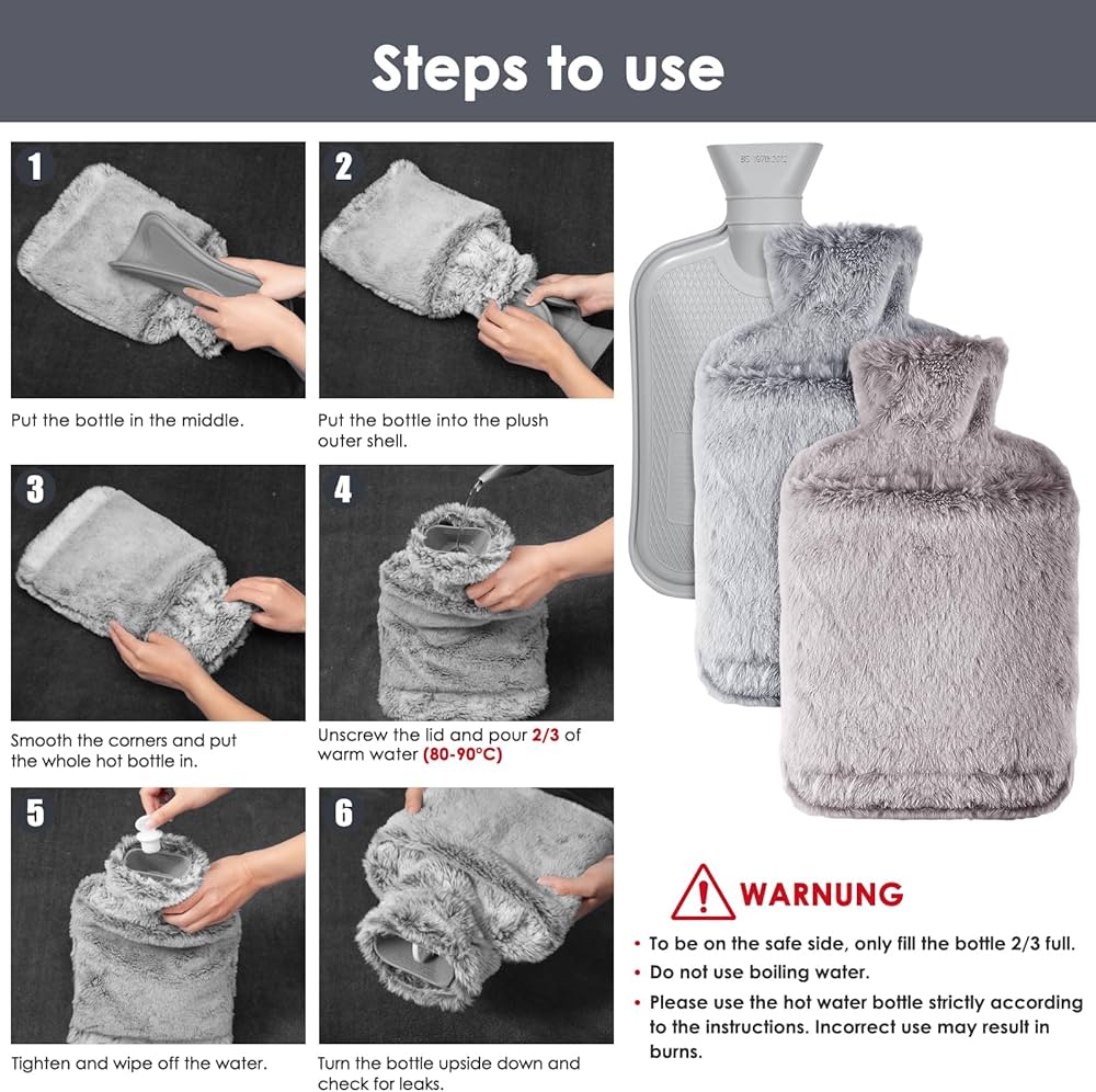 Hot Water Bottle with Luxury Cosy Faux Fur Cover,2L Leakproof Large Hot Water Bag for Neck,Shoulder,Hand Feet Warmer